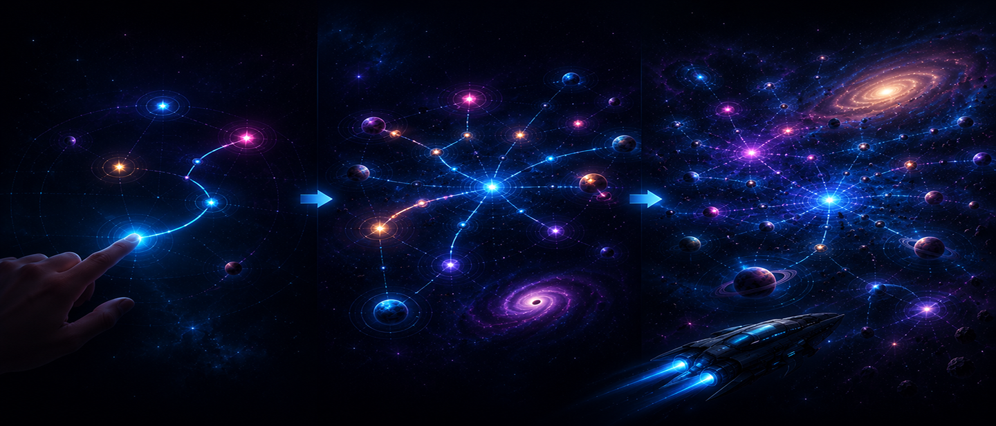 Network growth from a single path to a full galaxy